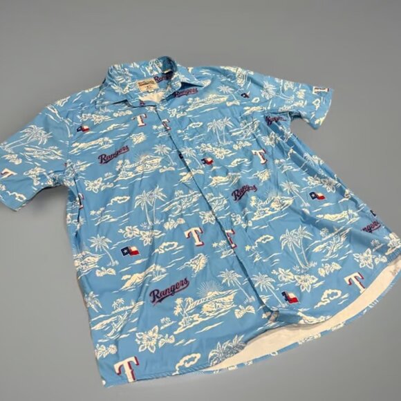 Texas Rangers Shirt Adult Medium Blue Floral Hawaiian Promo Button Up Mens - Picture 1 of 3